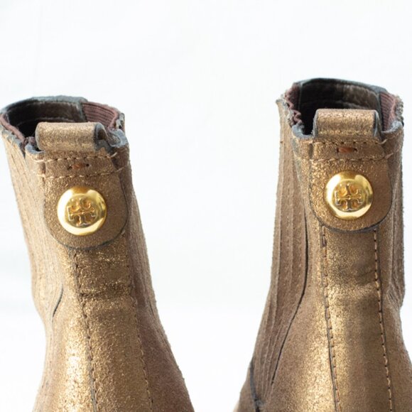 Tory Burch Gold Bronze Chelsea Ankle Boots Logo Monogram Block Platform Heel 5 - Picture 5 of 10